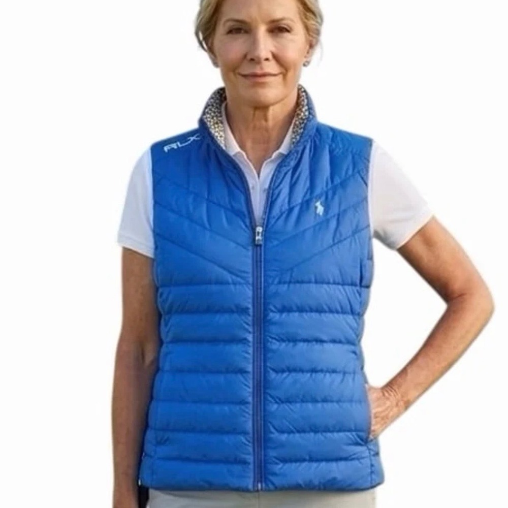RLX Ralph Lauren Reversible Golf Vest Blue Geometric Print Womens Large NWOT